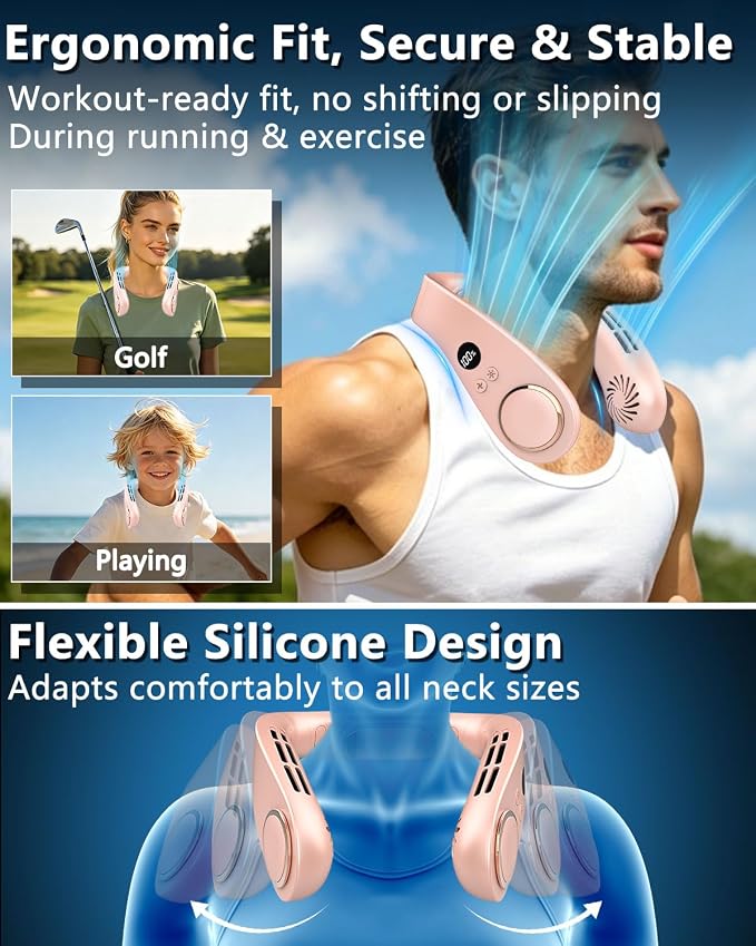 FWV Neck Fan with Cooling Plate, Whisper Quiet 30dB, 5500mAh Up to 24H, Hands-Free USB-C Headphone Fans, LED for Battery&Speed, Bladeless Portable Neck Coolers for Hot Weather Outside Sports Pink