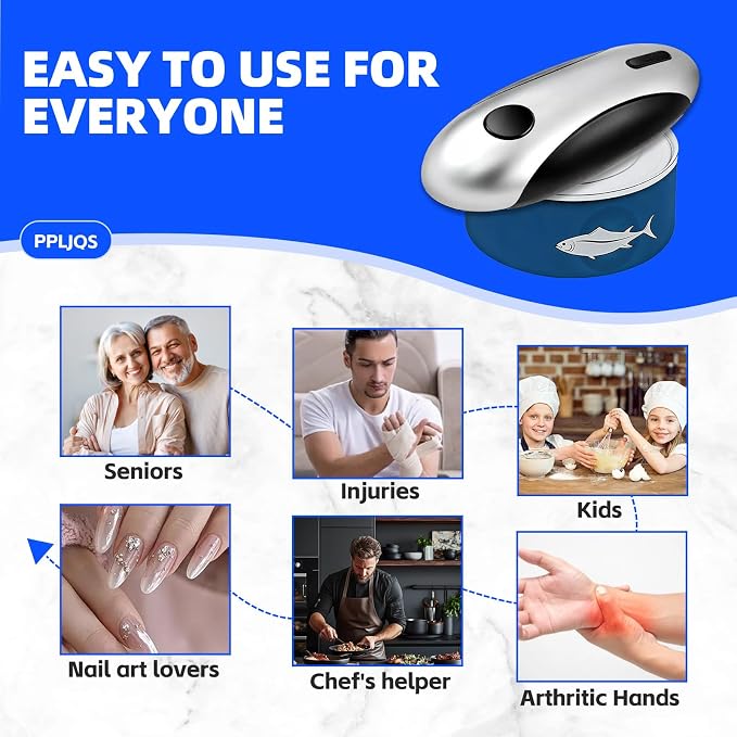 Kitchen Rechargeable Electric Can Opener, One-Touch Opening, Smooth Rim, USB-C Fast Charge, Senior Friendly, Silver, Hands-Free Design, Easy to Grip and Fits Most Cans