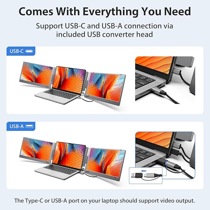 KYY Laptop Screen Extender, 14'' FHD 1080P USB-C Portable Monitor, IPS Computer Monitor, Dual Monitor for Triple Screen, for 12"-16" Laptop (Mac, Wins, Android) Driver Need
