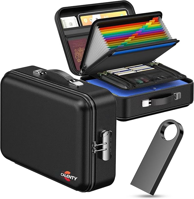 Fireproof Document Box (Hard Shell) with Lock, 8GB USB & Waterproof Zipper, 12-Layer Portable File Organizer for Important Documents, Certificates, Laptop & Passports (Black)