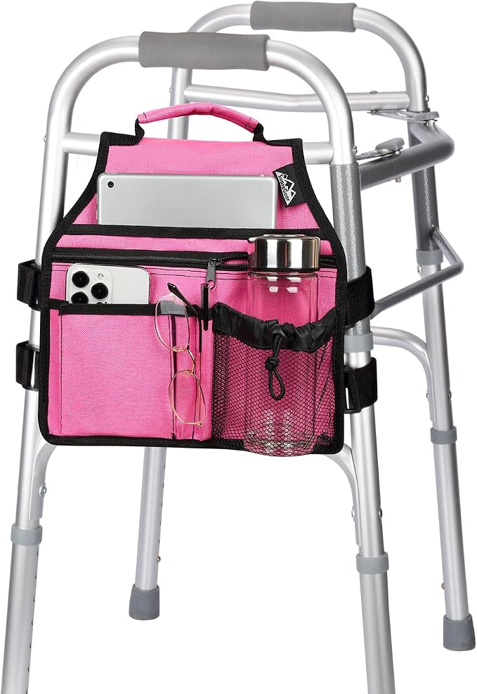 supregear Walker Side Bag, Storage Pouch w/Cup Holder for Folding Walker, Waterproof Caddy Basket for Side Bar Accessory Attachment for Seniors Elderly, Double Sided Organizer