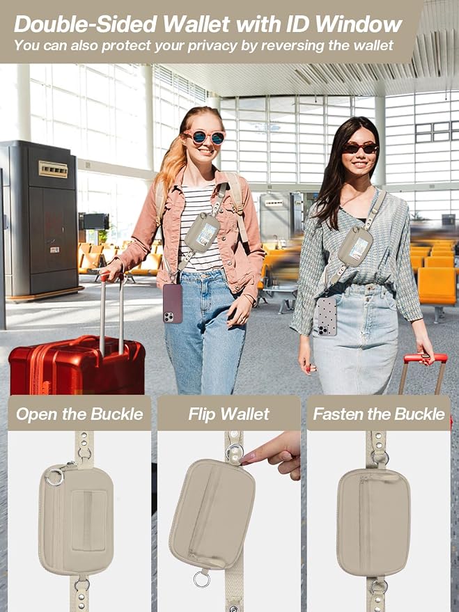 Tiostep Clip and Go Strap for Phone with Wallet Crossbody Phone Lanyard Adjustable and Detachable RFID Wristlet Wallet (Khaki, Medium)