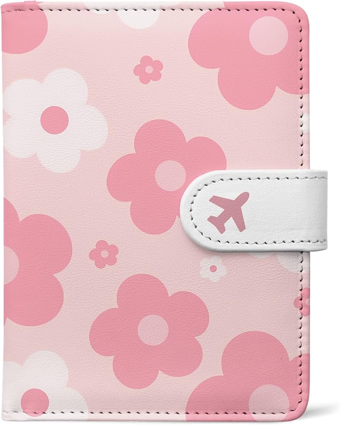 Passport Holder, Cute Travel Wallet Cover with RFID Blocking, | PU leather travel wallet with magnetic closure, card slots, pen loop, and easy access for passports and essentials.