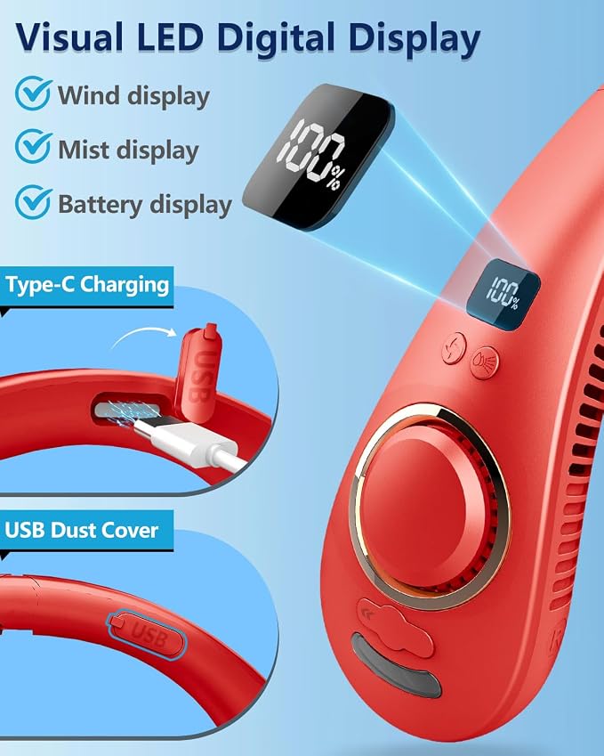 Portable Neck Fan with Water Mist, 4000mAh 4-9H Lasting, LED Display & 5 Fan-Speed, Dual Vents Rechargeable Neck AC, Hands-Free Bladeless Face Fans for Women Men Teens Birthday Gifts Beach Golf, Red