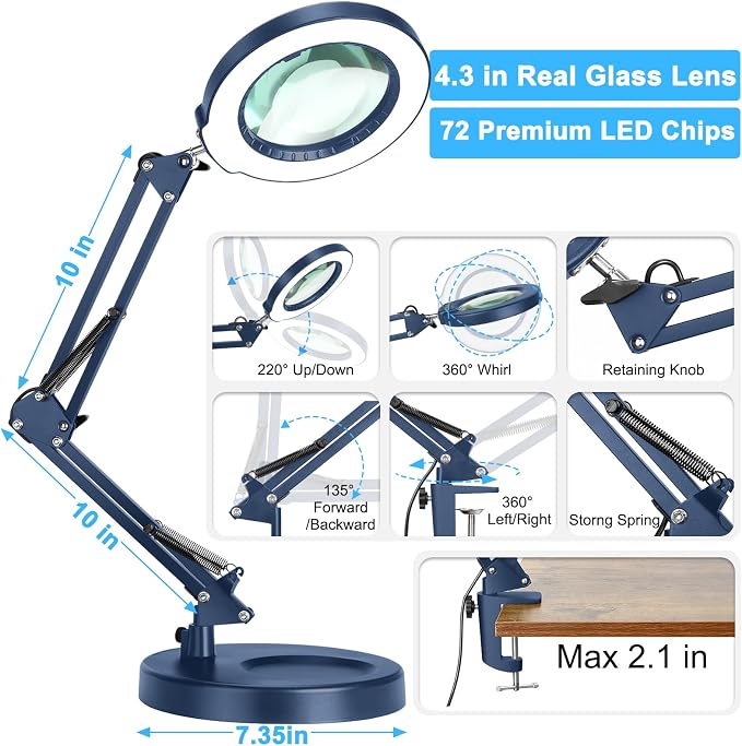 12X Magnifying Glass with Light and Stand, 5 Color Modes Stepless Dimmable 2-in-1 Lighted Magnifier with Clamp, LED Desk Lamp Hands Free for Crafts Hobby Reading Painting Sewing Close Work Blue