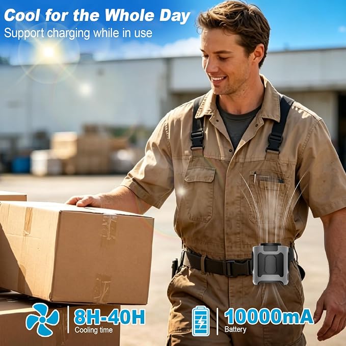 10000mAh Portable Waist Fan Clip on, Personal Cooling for Outdoor | Up to 40H, 5 Speeds 16000RPM Powerful, Hands-Free Shirt/Belt/Neck Fan with Light, for Work Camping Travel