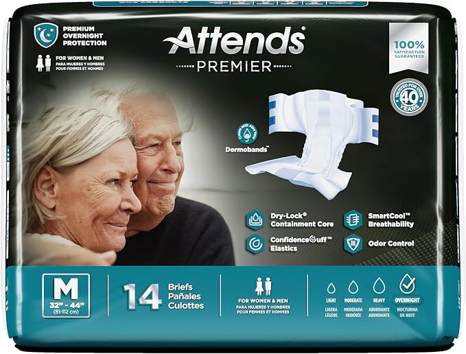 Attends Premier Adult Disposable SmartCool® Briefs, Medium, 32"-44" High-Rise Waist Tab Closure, Premium Overnight Dry-Lock Protection, Odor Control, 14ct Bag