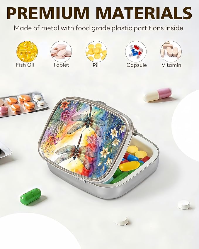 LRITER Pill Case, 2 Compartment Portable Small Travel Pill Organizer for Purse and Pocket, Stylish Medicine Case with Multiple Patterns, Daily Pillbox for Home & Travel (Two Dragonflies)