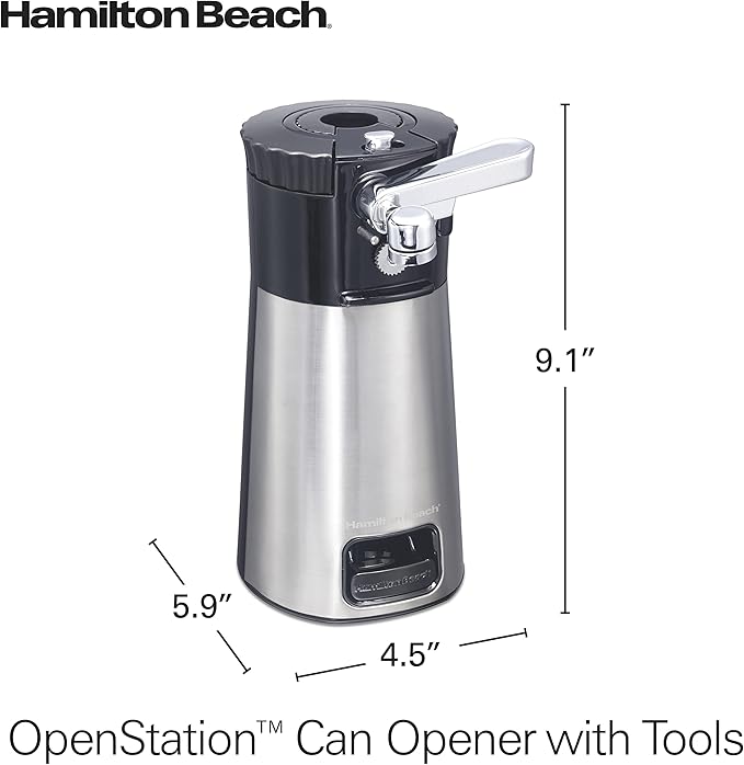 Hamilton Beach OpenStation Electric Can Opener With Automatic Shutoff | SureCut Technology Easily Aligns Cans | OpenMate Multi-Tool Jar & Bottle Opener | Cord Storage | Stainless Steel | 76382FJ