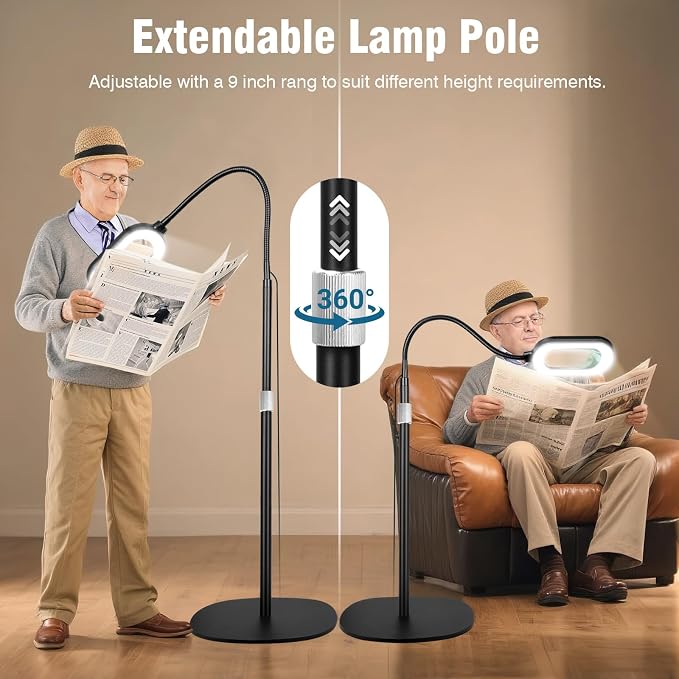 Large Magnifying Glass with Light and Stand, 15X Rectangle Optical Real Glass Lens, Height Adjustable Gooseneck Magnifier Floor Lamp, 5 Color Modes LED Dimmable Lighted Hands Free for Close Work Craft