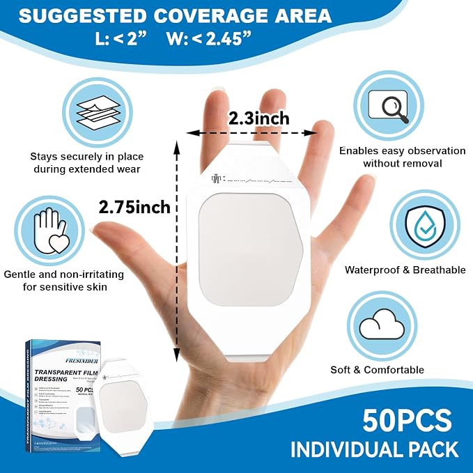 FRESINIDER Transparent Film Dressing 2.3” x 2.75” (50 Pack) – Small Waterproof Shower Bandages, Breathable Clear Wound Cover with Border for IV Shield, Post-Surgery Care & Tattoo Aftercare