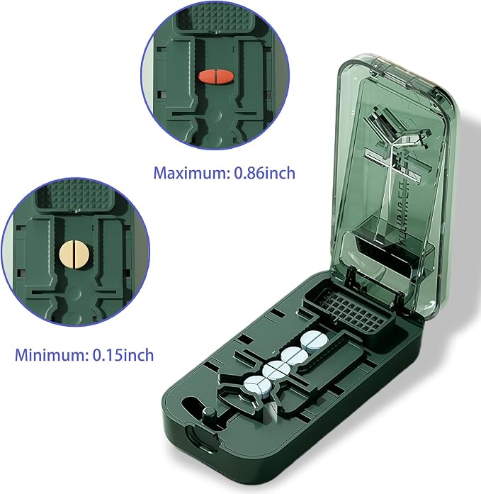 Precision Pill Cutter with Centering Guide - Multi-Angle Tablet Splitter for 1/2, 1/3 & 1/4 Cuts, Includes Pill Crusher & Storage Compartment (Transparent Green)