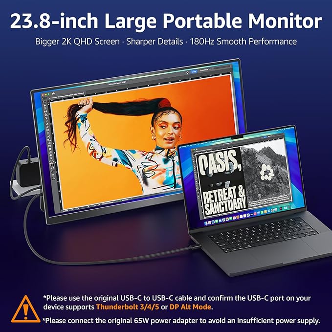 VisionOwl Large Portable Monitor 23.8-Inch 2K QHD 180Hz Refresh Rate Laptop Monitor, 130% sRGB, IPS Panel, USB-C & HDMI for Laptop, PC, Mac, PS5, Xbox, Built-in Kickstand, Speakers, VESA Mountable