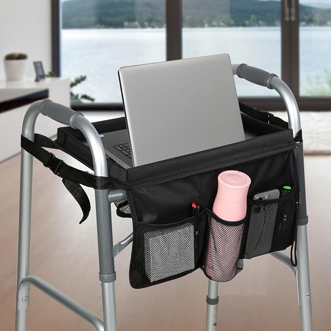 Walker Tray for Folding Walker, Trays for Walkers for Seniors Detachable with Cup Holder,Walker Trays for Rolling Folding Walker,Walker Accessories for Elderly (Black with Baffles)