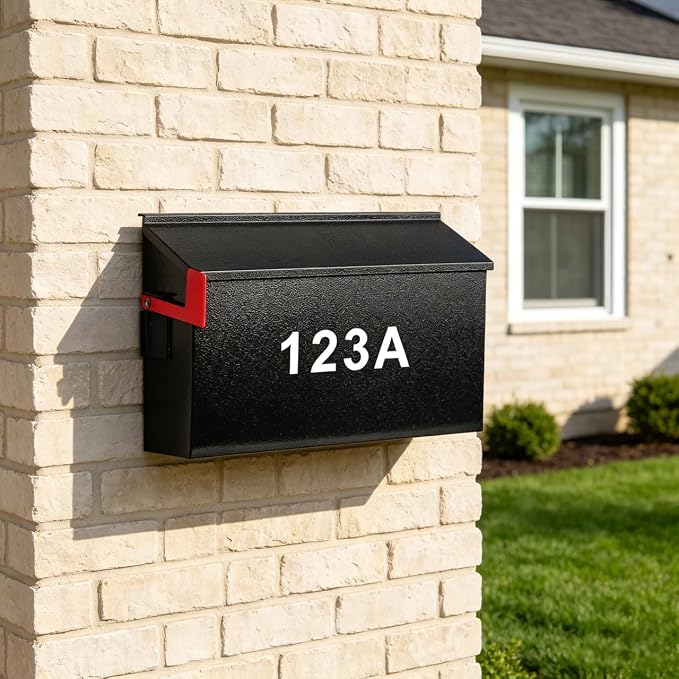 KYODOLED Wall Mount Mailboxes for Outside with Flag and Number Stickers, Galvanized Steel Rust-Proof Metal Post Box, Large Capacity Mail Box for House,15.7"x9.9"x4.9" Black