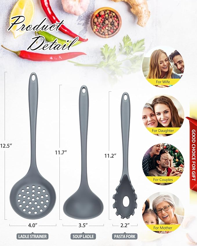 3 Pcs Silicone Kitchen Utensils Set, Soup Ladle-Pasta Fork-Slottede Spoon, Nonstick BPA Free High Heat Resistant Cooking Utensils for Mixing, Serving, Draining, Turning, Stirring