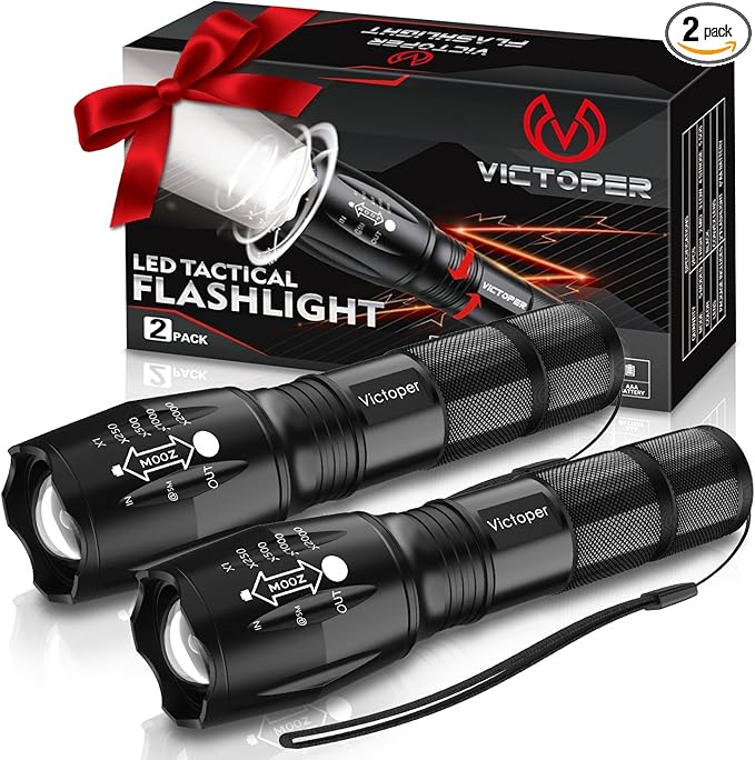 Victoper LED Flashlight 2 Pack, Bright Tactical Torch High Lumens 5 Modes, Waterproof Zoomable Flash Light for Outdoor, Birthday Gifts for Men, Dorm Room Hiking Camping Essentials Gear for Guys