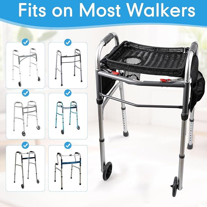 Handwoven Rattan Walker Tray for Folding Walker, Tray for Walker for Seniors Detachable with Cup Holder,Walker Accessories for Elderly,Tray Table Fits Most Standard Walkers (Black)