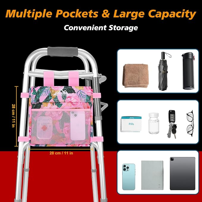 supregear Walker Side Bag, Water Resistant Accessory Basket Pouch for Folding Walkers, Lightweight Hand Free Storage Carrier Tote, Universal Size Seniors Caddy Attachment, Pink Floral