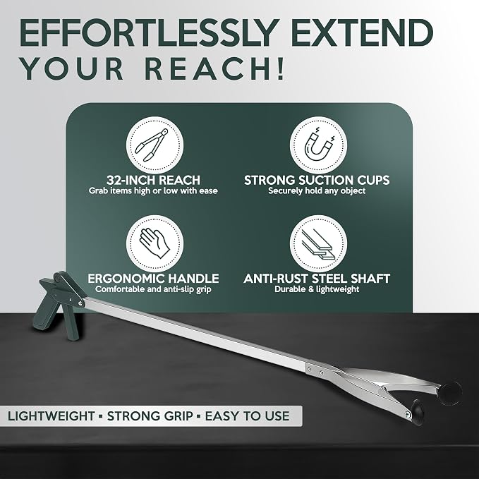 32" Suction Cup Grabber Reacher – Extra Long Reach Pick Up Tool for Seniors, Heavy Duty Trash & Litter Picker, Easy Grip Handle for Effortless Cleaning and Comfort