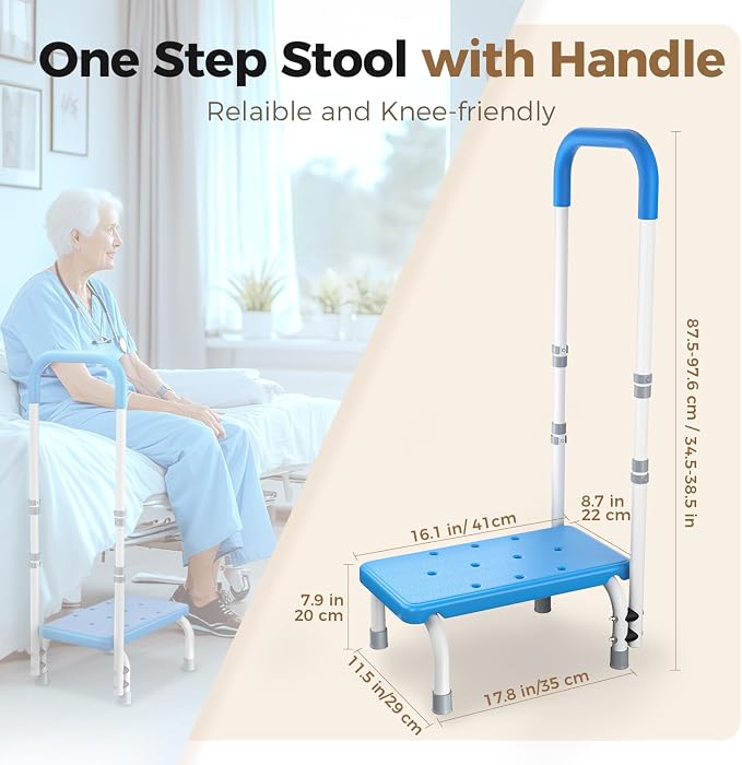 FORTEMOTUS Medical Step Stool with Handle for Elderly - Sturdy Lightweight Step Stool for Bedside for Adults, Non-Skid Rubber Platform Stepping Stool, Safely Supports up to 330 Pounds,Blue