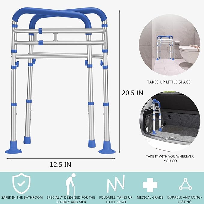 Lianjindun Toilet Safety Rails, 350 lbs, Adjustable Height & Width | Fits Most Toilets, Foldable Design, 350 Lbs Capacity, Aluminum Toilet Frame, Toilet Handles for Seniors, Disabled, Handicap