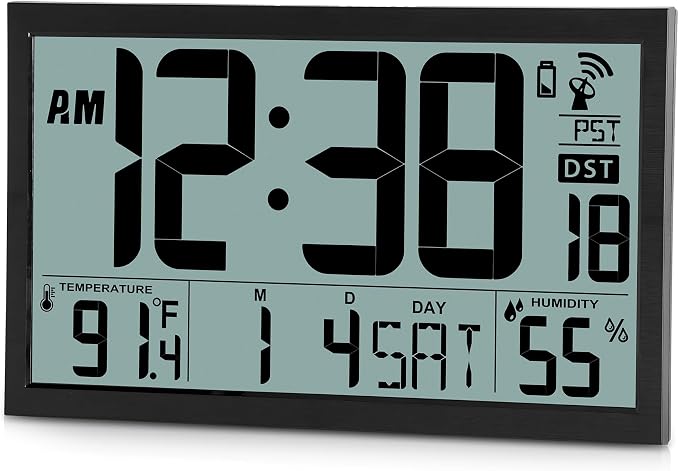 Amgico Digital Wall Clock,16.7" Large Display Atomic Clock, Battery Operated,Digital Calendar Auto Setting with Indoor Temperature, Humidity,Date,Day,Auto DST Desk Clock for Elderly Bedroom Classroom