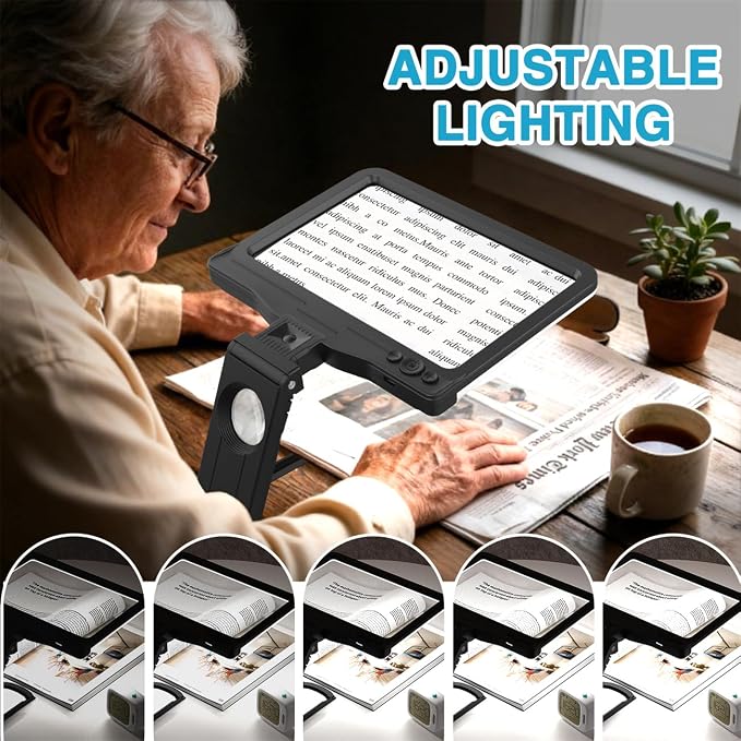 30X 6X Rechargeable Magnifying Glass for Reading, Large Full Page Magnifier with Folding Stand, 3 Color Light Modes, Dimmable LED Lighted, Hands Free Book Magnifier for Fine Prints Low Vision Seniors