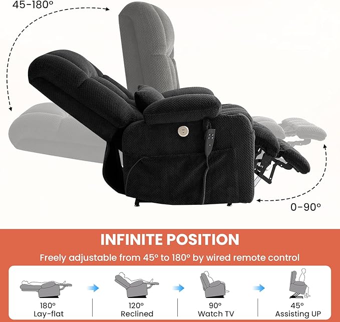 Dual Motor Power Lift Recliner Chair for Elderly, Infinite Position Lift Chair for Elderly W/Massage & Heat, Lay Flat Lift Recliner With Cup Holders, One-Touch Reset, Lumbar Pillow, Fabric (Grey)