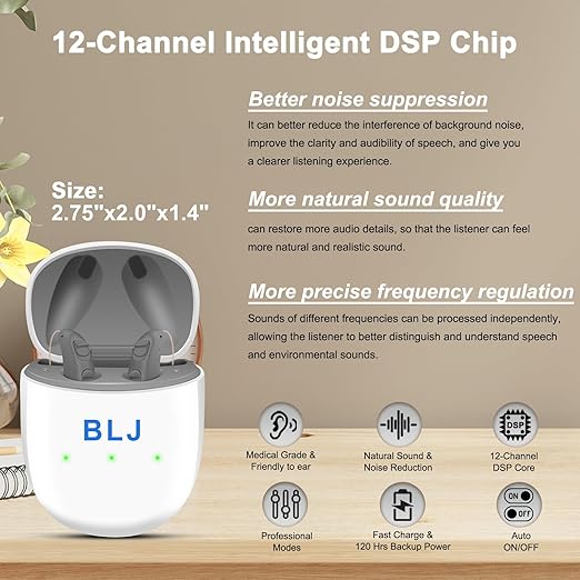 BLJ Rechargeable Hearing Aids for Seniors & Adults - 12 - Channel Clear Sound, RIC Design, Intelligent Noise Reduction & Feedback Cancellation - Portable Charging Case (Gray)