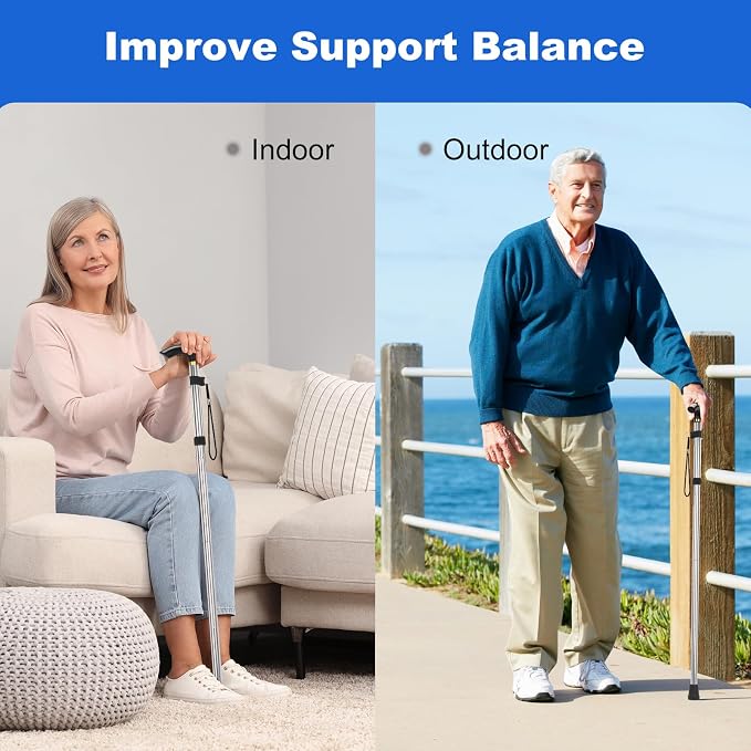 MFE Folding Cane, Portable 5-Level Adjustable Height Walking Stick with Foldable Design, Wrist Strap, and T Handle for Men and Women