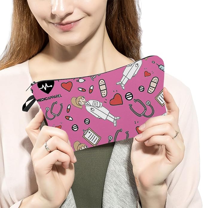 Livel lhood Pink Nurse Doctor Small Makeup Zipper Bag | Pink Nurse Doctor Printed Cosmetic Organizer Pouch, Pink Nurse Doctor Gift for Women Friends