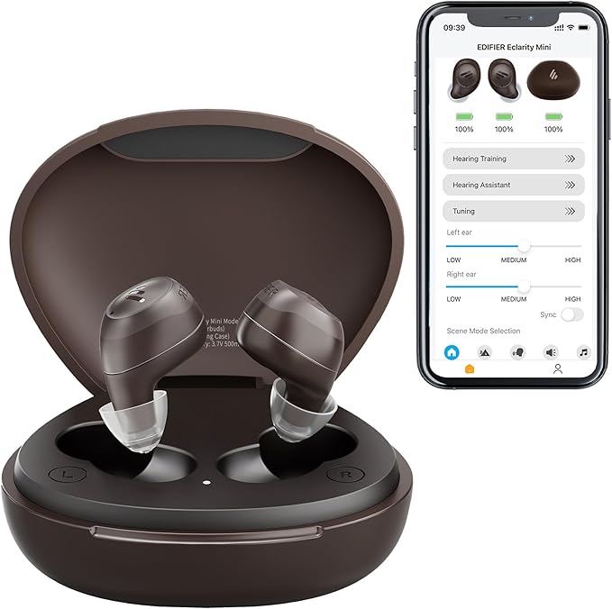 Edifier Bluetooth OTC Hearing Aids for Seniors, APP Control, Bluetooth In the ear Hearing Aids, Nearly Invisible Hearing Aid, Rechargable Comfort Design Wireless Music Phone Call (Brown) (H Brush)