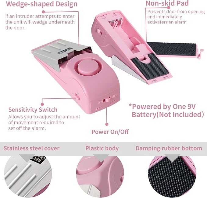 HNHMT 2 Pack Portable Door Stop Alarm, Door Stopper with 120db Loud Security Alarm, Travel Door, Doorstops Wedge Sensors Security Devices for Traveling Apartment Hotel and Home (Pink)