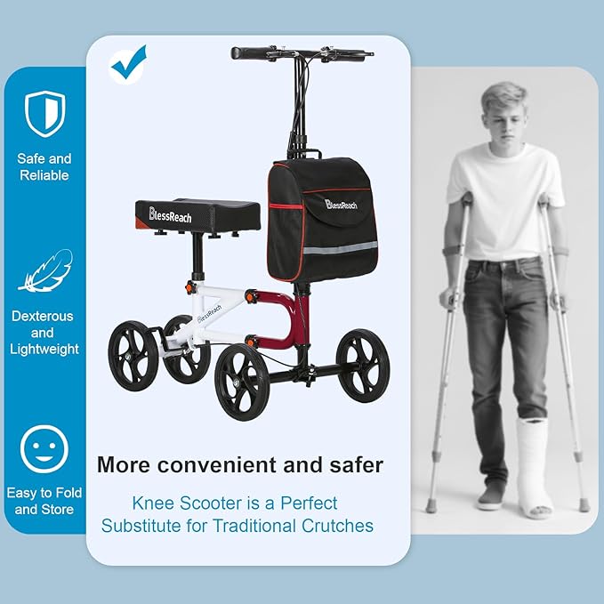 Economy Knee Scooter Steerable Knee Walker for Foot Injuries Compact Crutch Alternative with Dual Braking System (Red)