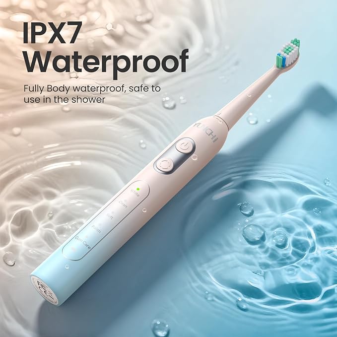 YUNCHI Electric Toothbrush Birthday/Valentine Plastic 8 Dupont Heads 24-Mo Deep Cleans Gentle Gums Removes Stains 3Hr USB-C 90d 2-Min Timer/30s IPX7 - Yellow Blue