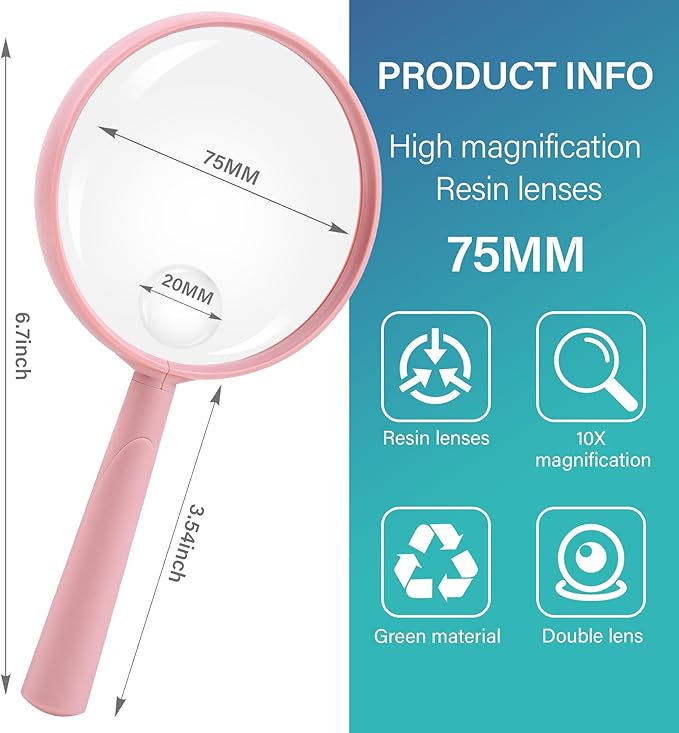 Feosky Handheld Reading Magnifier, 10X Magnifier,75mm Shatterproof Lens, Adults Close Work Non-Slip Handle for Seniors Reading and Nature Exploration (Pink)