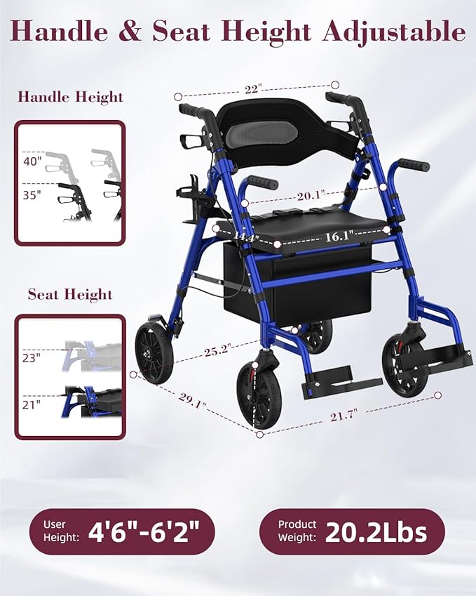 Walkers for Seniors with Seat, 2 in 1 Rollator Walker & Transport Chair with Reversible Backrest & Detachable Footrests, Folding Wheelchair with 8" Anti-Slip PU Wheels, Blue