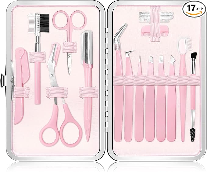 Eyebrow Kit, 17 in 1 Tweezers for Women Facial Hair, Hair Scissors with Comb, Eyebrow Trimmer, Brow Brushes, Hair Tools Travel Bag, Professional Grooming Tweezer Set