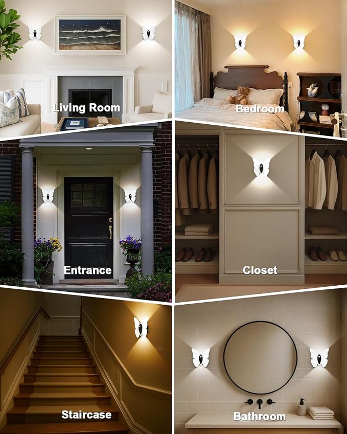 Eneru Motion Sensor Wall Sconce Set of 4, Rechargeable Wall Lights, White | 5000mAh Battery Operated Wall Sconces, Motion Activated, Magnetic Butterfly Night Light for Hallway Stair Closet Pantry Porch