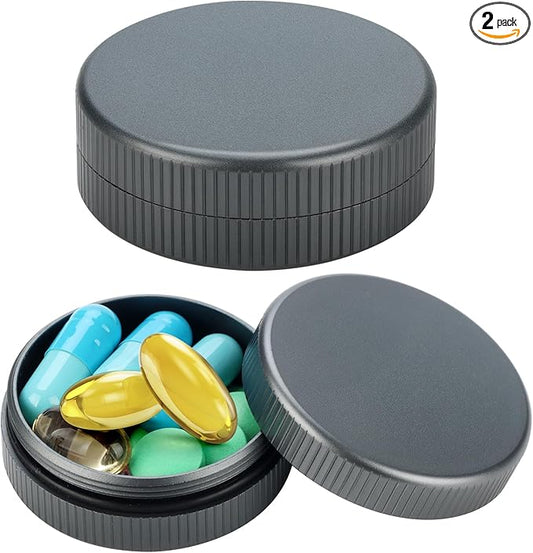 Metal Pill Case, 2Pack Aluminium Small Medication Containers for Pocket Purse, Travel Waterproof Vitamin Organizer Box, Portable Tiny Round Medicine Dispenser Caddy for Camping, Working - Gray