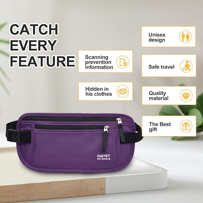 RFID Blocking Money Belt for Men Women, Slim Fanny Pack For Travel，Running,Conceal Waist Wallet For Passport Holder,Phone,Cash(Dark Purple), Dark Purple, Rfid Blocking & Belt Wide:1inch