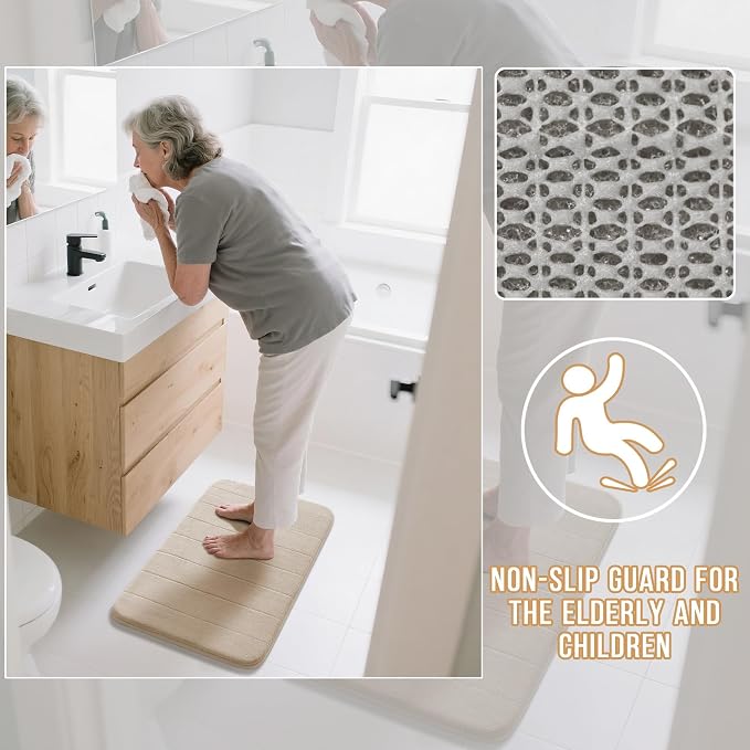 Yimobra Memory Foam Bath Mat, Super Soft Absorbent Bathroom Rug Non Slip 31.5x20 Inch, Quick Dry, Machine Washable Floor Carpet for Tub Shower, Home Decor Accessories, Beige