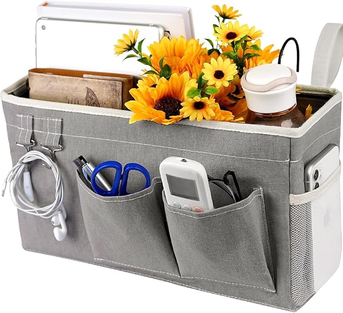 Bedside Caddy, Bedside Storage Bag Hanging Organizer for Bunk Dorm Bed Rail | Bed Caddy with Hooks, Top Bunks and Dorm Essentials for Water, Tissues, Tablets, Books, Phones, Remotes and Other Necessories