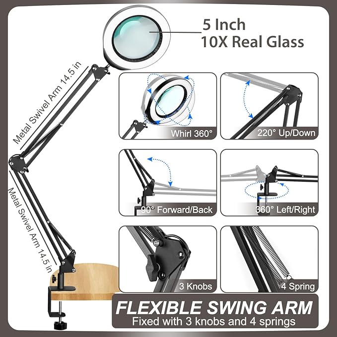 VEEMAGNI 10X 5 Inch Large Real Glass Magnifying Glass with Light and Stand, 5 Color Modes Stepless Dimmable, Long Swivel Arm LED Clamp Desk Lamp, Hands Free Lighted Magnifier for Reading Crafts Hobby