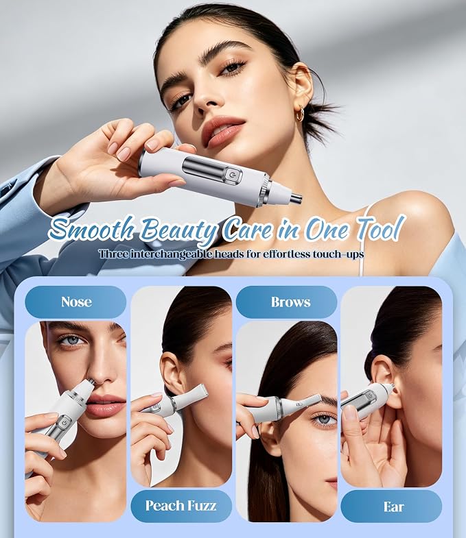 Nose Hair Trimmer for Women, 3-in-1 Painless & Gentle Trimmer for Nose, Eyebrows & Facial Hair, Type-C Rechargeable Precision Groomer with Double-Edged Blades, IPX7 Waterproof - White