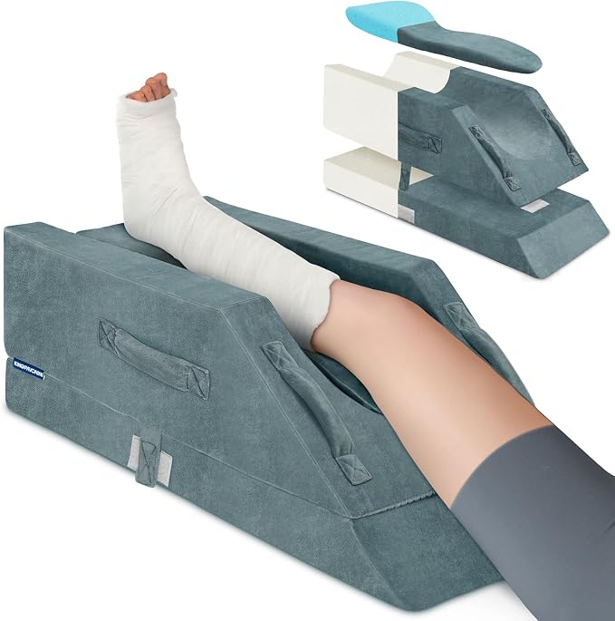 KingPavonini 4-Height Adjustable Leg Elevation Pillows for After Surgery with Ergonomic Curve, Memory Foam Wedge Pillow for Legs Swelling and Pain Relief, Knee Replacement Recovery Aids (Single Leg)