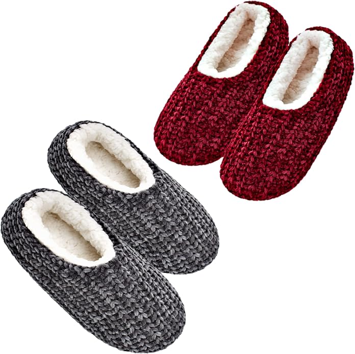 cosyone1997 2-Pair Thick Warm Fuzzy Slippers for Women Indoor Fluffy Sherpa Lined, Winter House Shoe Socks Non-Slip Soft Soles, Cozy Christmas Gifts