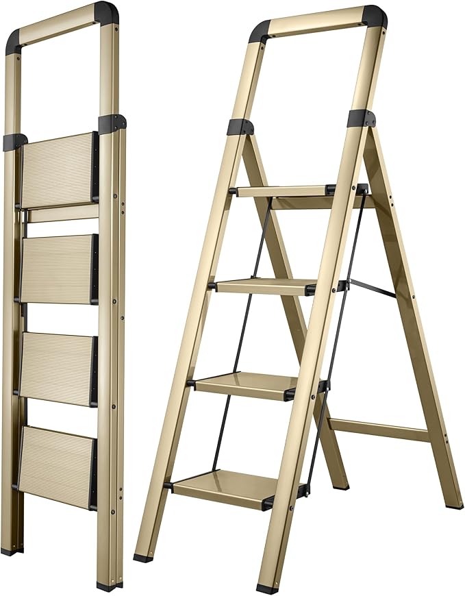 Step Ladders Folding 4-Step Champagne Gold Finish Aluminum Foldable Step Stool,Anti-Slip Portable Sturdy for Home & Kitchen Office 330 lbs