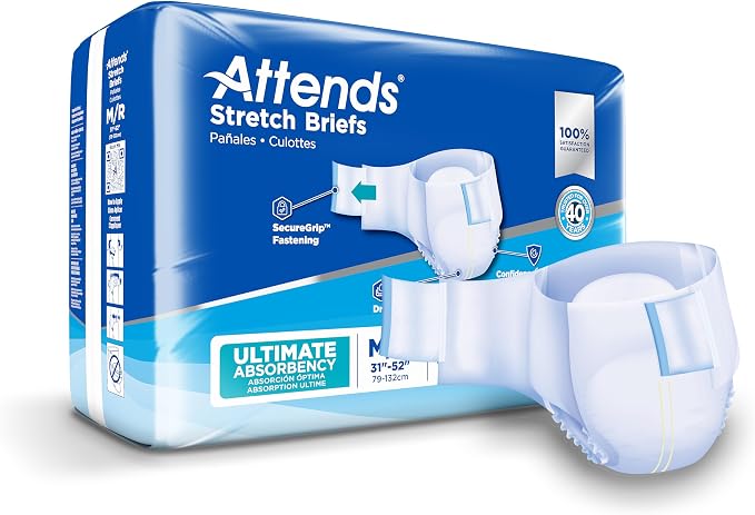 Attends Stretch Adult Incontinence Disposable Briefs, Medium/Regular, 31"-52" Waist with SecureGrip Tab Closure, Ultimate Absorbency with Dry-Lock Containment Core and Breathable Side Panels, 24ct Bag